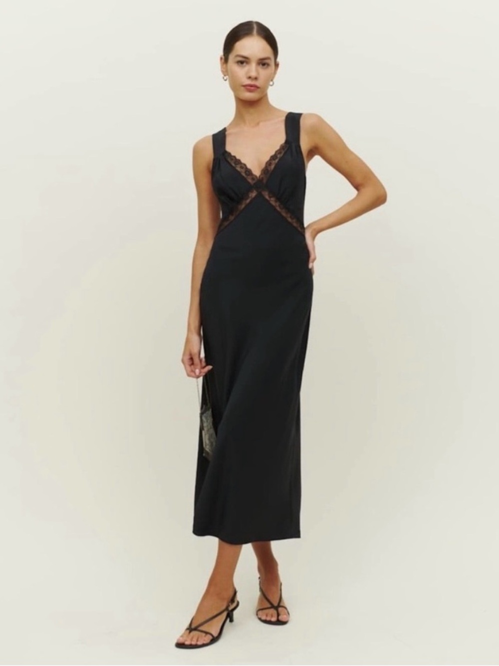 Reformation Black Lace-Trim Midi Slip Dress